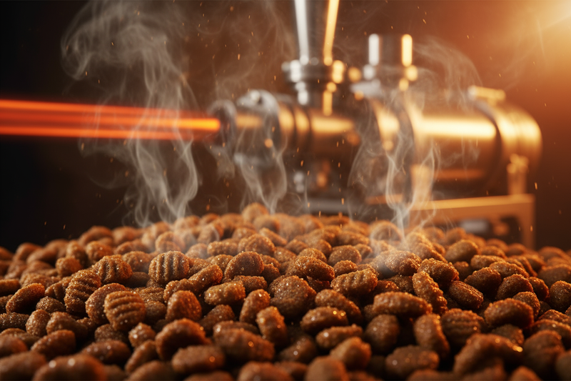 High-temperature processing of pet food, illustrating how heat affects nutrient integrity compared to raw supplements.