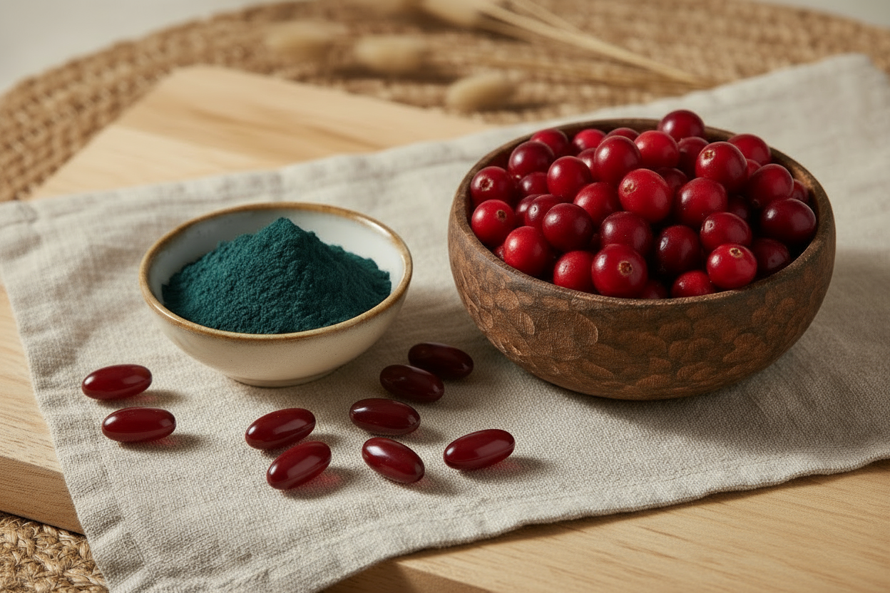 Wholistic Pet Organics antioxidant ingredients, including organic cranberries, pure spirulina powder, and krill oil soft gels, are arranged naturally on a wooden surface, showcasing clean, sustainable sourcing.