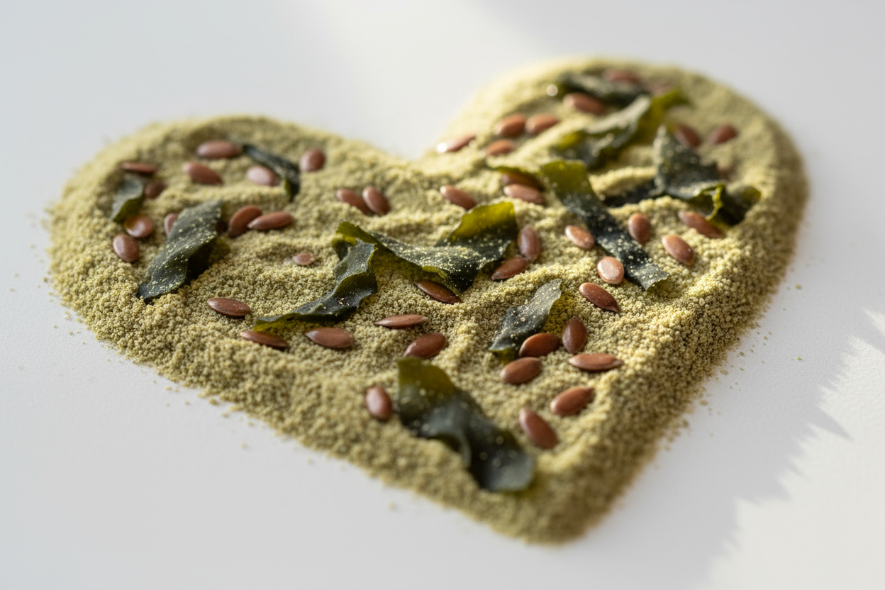 Wholistic Pet Organics supplement ingredients shaped into a heart, representing care, purity, and naturally unheated whole-food nutrition.