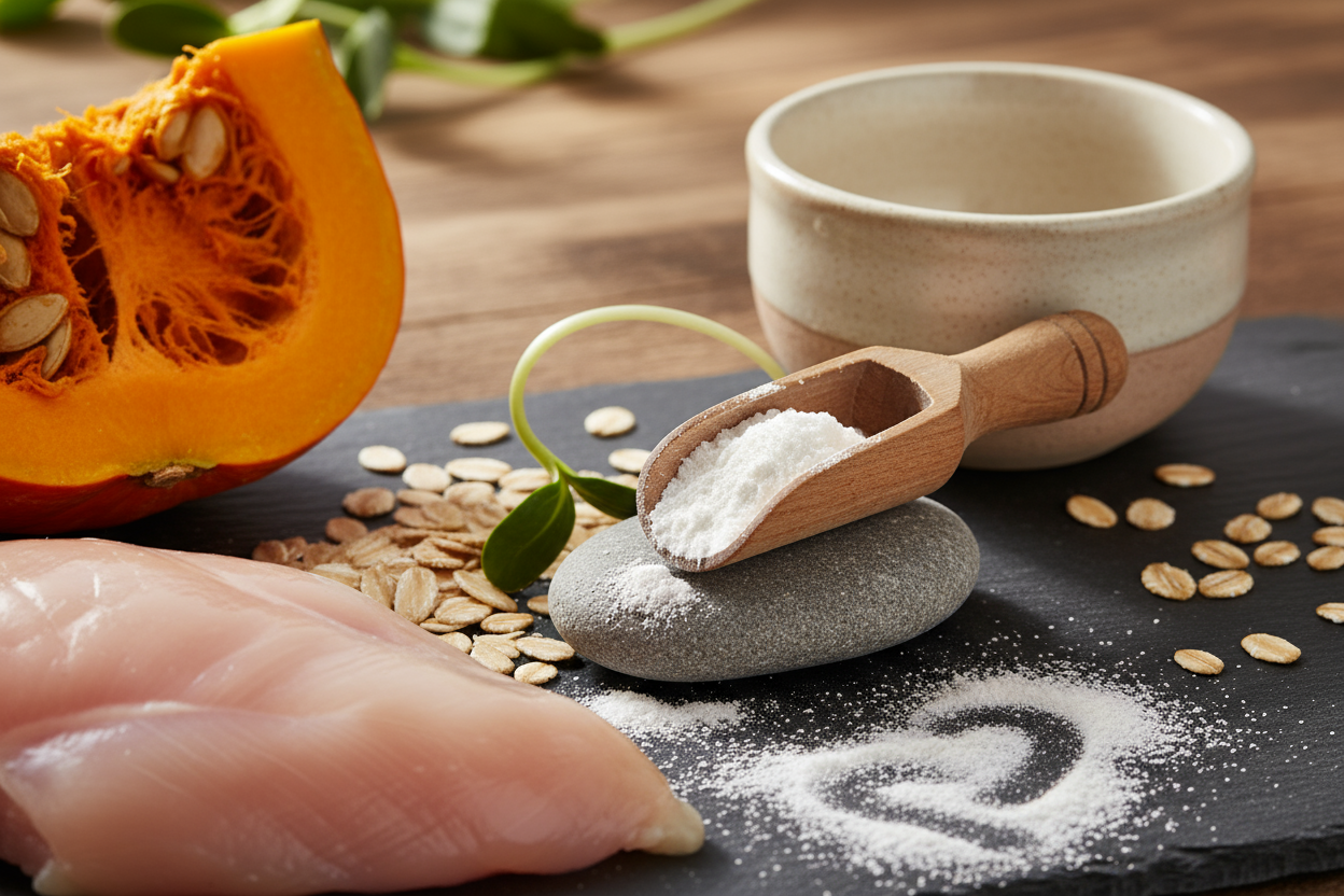 A visual of fresh whole foods that represent protein, fat, and carbohydrates (for example, pumpkin, oats, and chicken) next to a small wooden scoop of enzyme powder — implying it helps digest all food types.

A macro shot of enzyme powder sprinkled on a smooth stone or in a bowl, highlighting its plant origin. the powder should be bright white and fine. 

Optional element: a green plant leaf or seed sprout to signal “plant powered” digestion.
Mood: Earthy, natural greens and creams; scientific yet organic.