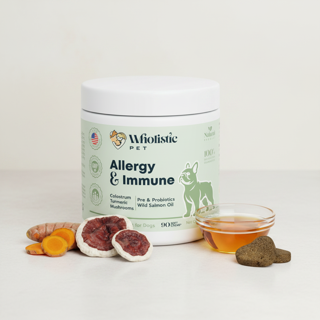Allergy and Immune dog supplement with colostrum, turmeric, mushrooms, probiotics, and salmon oil in a clean product display