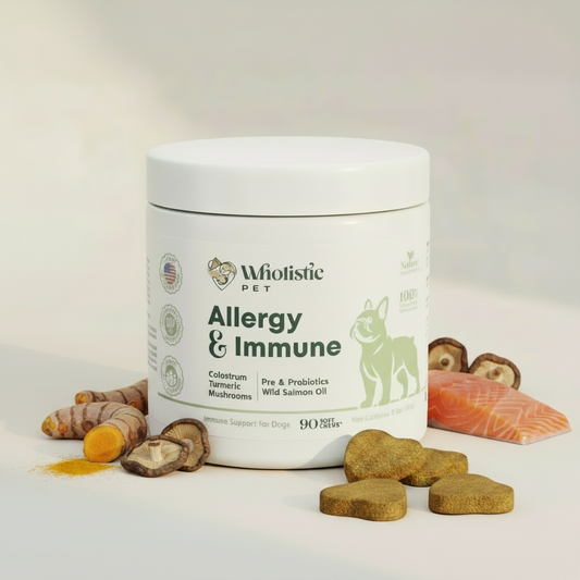 Wholistic Pet Allergy & Immune Soft Chews with turmeric, mushrooms, salmon, and soft chews.