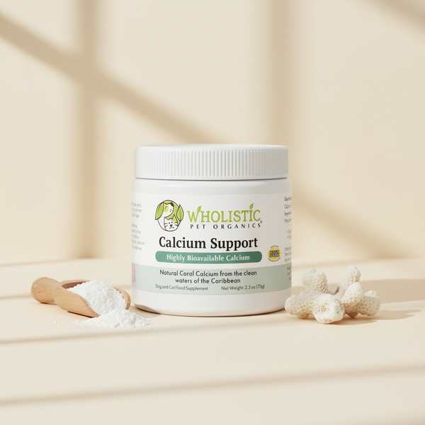 Wholistic Pet Organics Calcium Support dog and cat supplement with coral calcium powder and natural coral.
