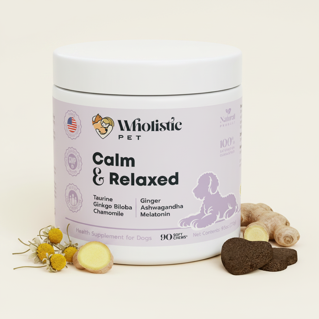 Calm and Relax dog supplement with chamomile, ginger, and ashwagandha in a minimal product display
