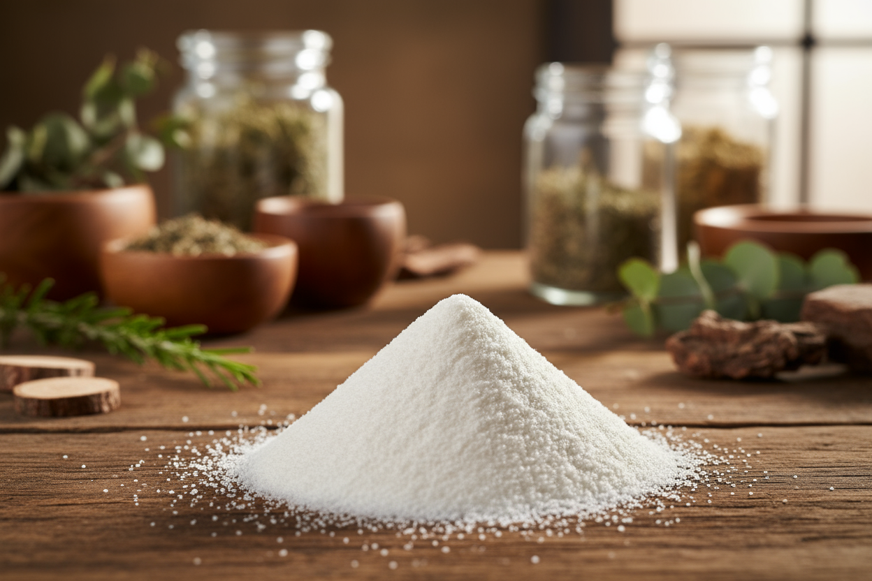 create a hyper realistic fine bright white powder in the forefront. Its in a pile on a table. the background is softly out of focus. it should feel natural. add depth and elements to the background.