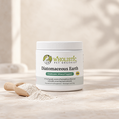 Wholistic Pet Organics Diatomaceous Earth dog and cat supplement with food grade diatomaceous earth powder.