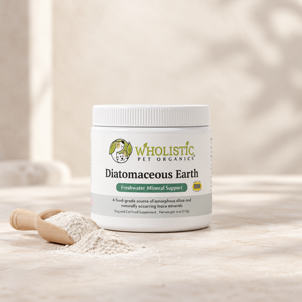 Wholistic Pet Organics Diatomaceous Earth dog and cat supplement with food grade diatomaceous earth powder.