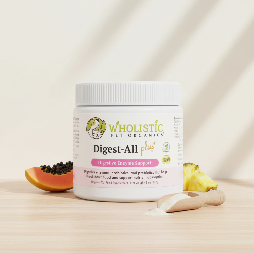 Wholistic Pet Organics Digest All Plus digestive enzyme supplement with papaya, pineapple, and supplement powder.