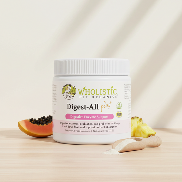 Wholistic Pet Organics Digest All Plus digestive enzyme supplement with papaya, pineapple, and supplement powder.