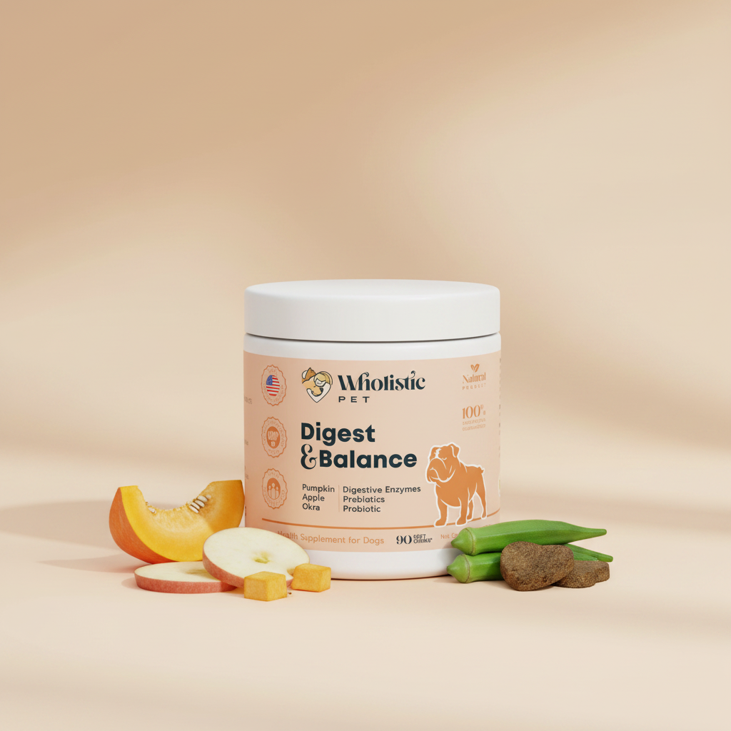Wholistic Pet Digest & Balance Soft Chews with pumpkin, apple, okra, and soft chews.