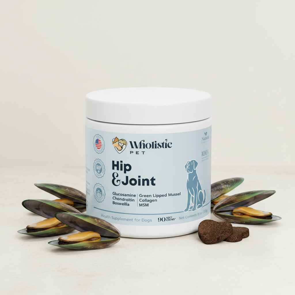Hip and Joint dog supplement with green lipped mussels, glucosamine, and chondroitin shown with natural ingredients on a clean background