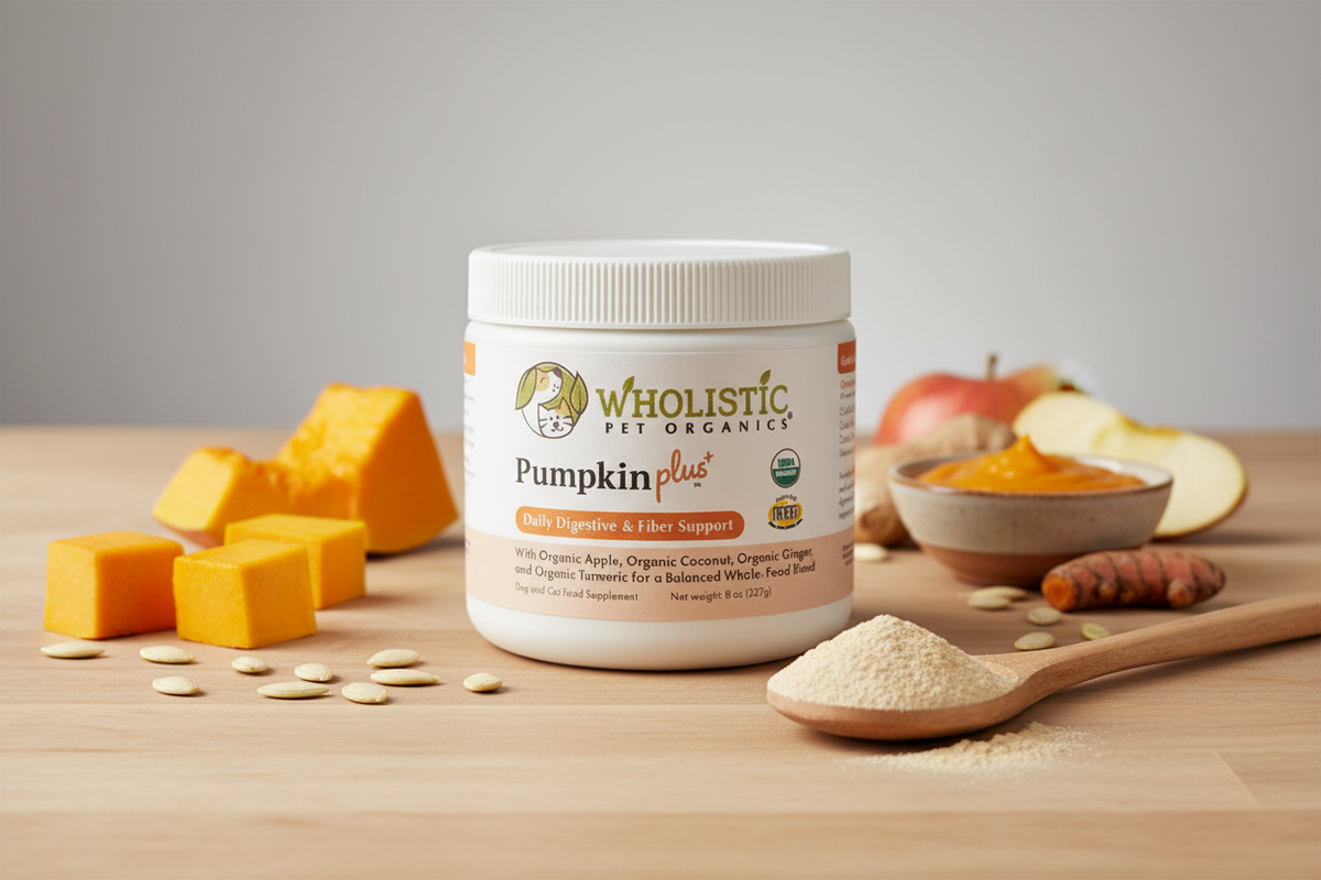 Wholistic Pet Organics Pumpkin Plus digestive and fiber support supplement in an 8 oz white jar with organic pumpkin, apple, ginger, turmeric, and pumpkin seeds on a natural wood surface