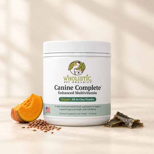 Wholistic Pet Organics Organic Canine Complete with pumpkin, flaxseed, and kelp.