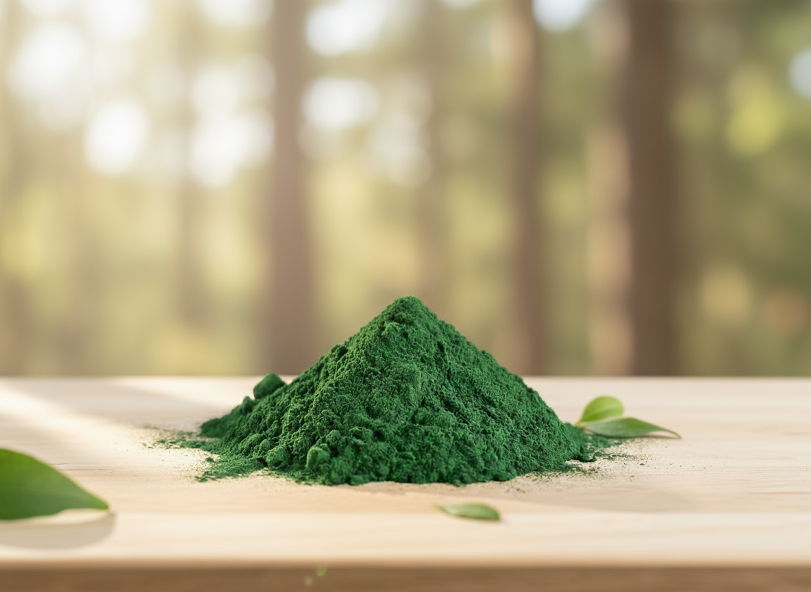 Pile of pure organic spirulina powder photographed outdoors, highlighting Wholistic Pet Organics’ natural, raw-sourced ingredients.