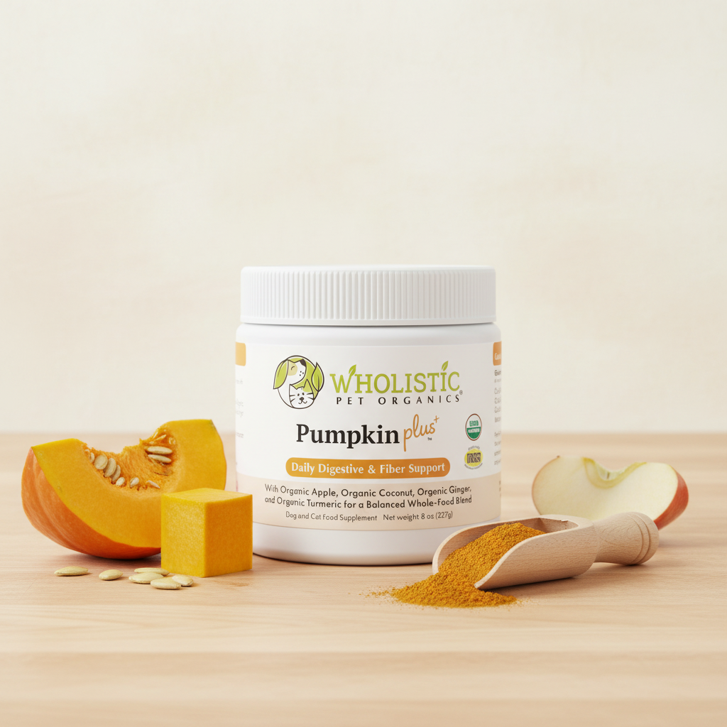 Wholistic Pet Organics Pumpkin Plus digestive and fiber supplement with pumpkin, apple, pumpkin seeds, and powder.