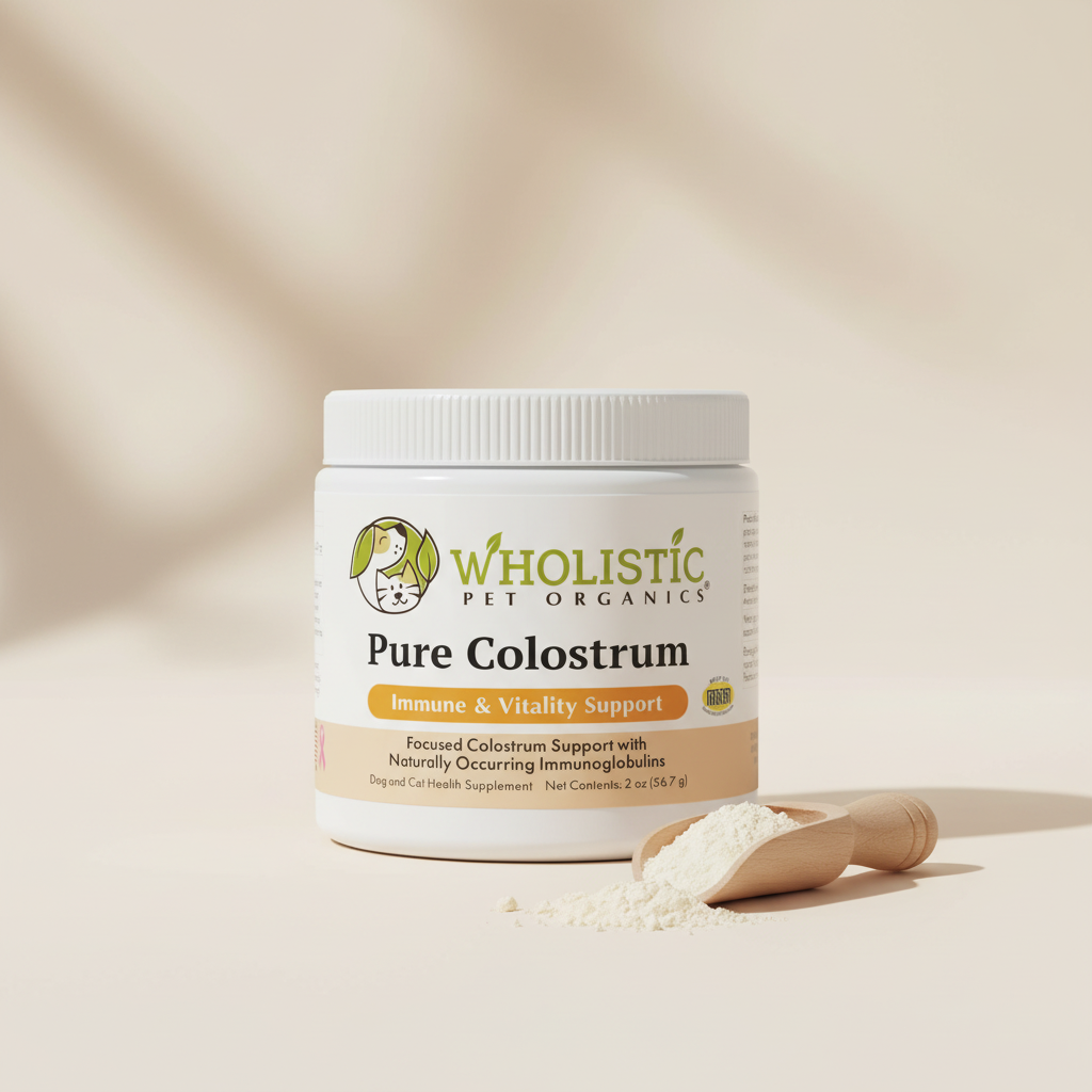 Wholistic Pet Organics Pure Colostrum dog and cat supplement with colostrum powder in a wooden scoop.
