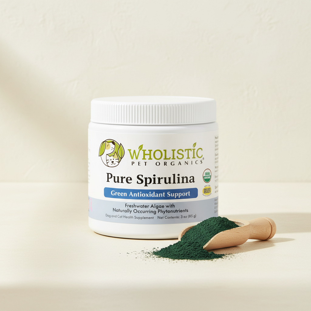 Wholistic Pet Organics Pure Spirulina supplement with fine dark green spirulina powder.