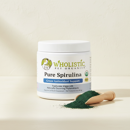Wholistic Pet Organics Pure Spirulina supplement with fine dark green spirulina powder.
