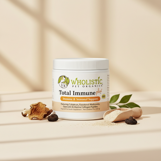 Wholistic Pet Organics Total Immune Plus dog and cat supplement with functional mushrooms and colostrum powder.