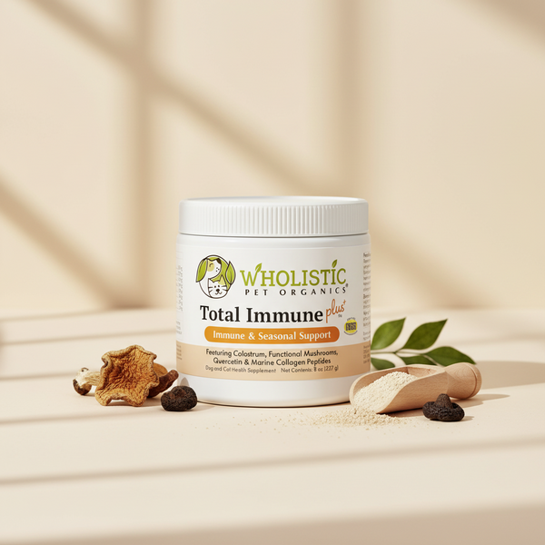 Wholistic Pet Organics Total Immune Plus dog and cat supplement with functional mushrooms and colostrum powder.
