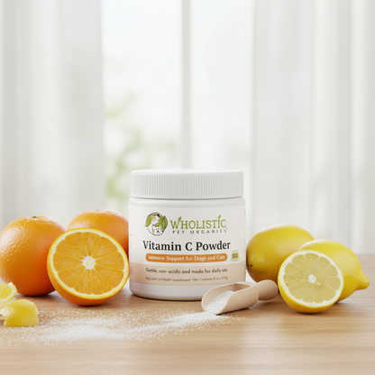 Wholistic Pet Organics vitamin C powder supplement with fresh citrus and powder scoop on a clean neutral background