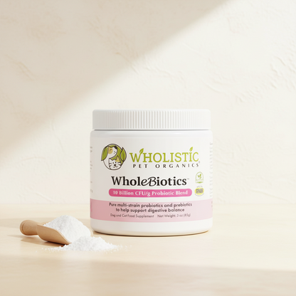 Wholistic Pet Organics WholeBiotics prebiotic and probiotic supplement with fine white powder.