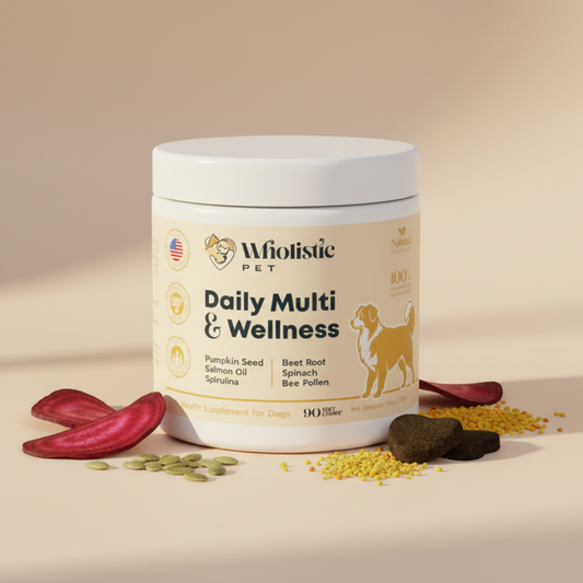 Wholistic Pet Daily Multi and Wellness soft chews for dogs in a white jar with pumpkin seed, beet root, spinach, spirulina, and bee pollen ingredients displayed