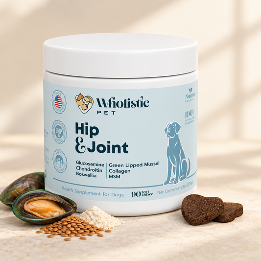 Wholistic Pet Hip & Joint Soft Chews with joint support ingredients on a warm natural background.