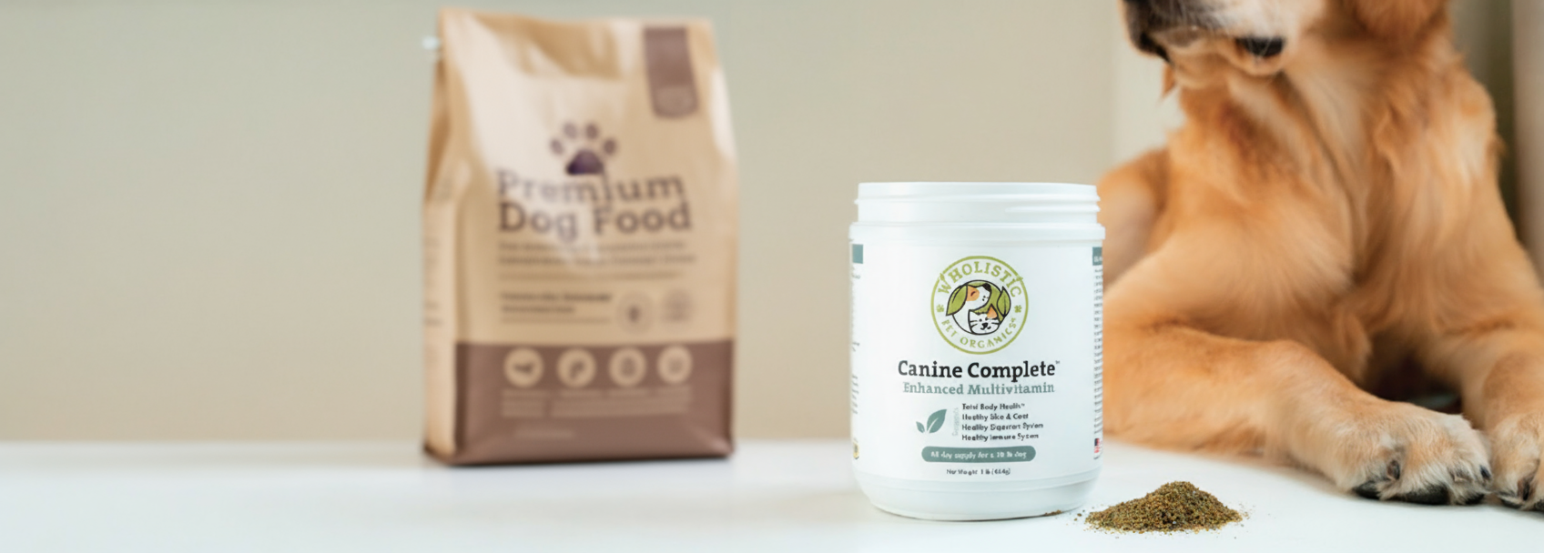 Dog with Canine Complete supplement jar and bag of commercial food. How commercial dog food and supplements work together