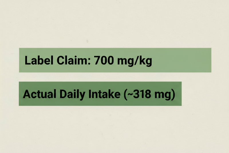 Graphic comparing label claim of 700 mg/kg glucosamine to actual daily intake of about 318 mg for a 60-lb dog eating 1 lb of food.