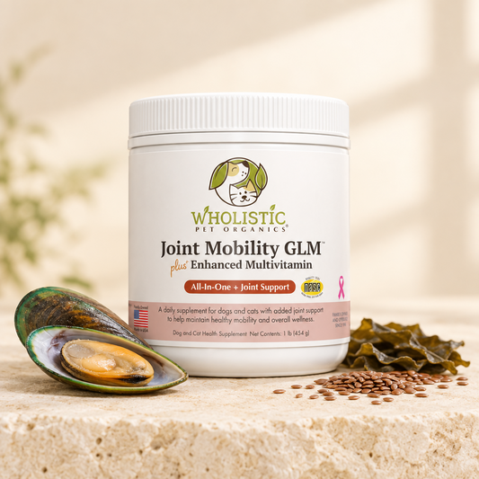 Wholistic Pet Organics Joint Mobility GLM supplement with green lipped mussel, kelp, and flaxseed