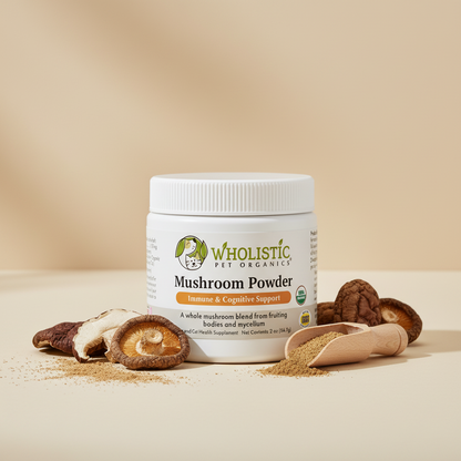 Wholistic Pet Organics mushroom powder supplement with whole dried mushrooms and natural powder displayed on a clean neutral background.