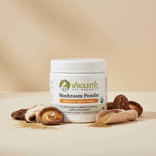 Wholistic Pet Organics mushroom powder supplement with whole dried mushrooms and natural powder displayed on a clean neutral background.