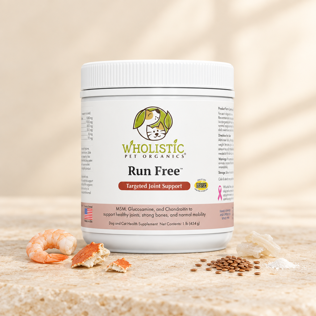 Wholistic Pet Organics Run Free joint supplement with glucosamine from shrimp and crab, flaxseed, shark cartilage, and MSM.