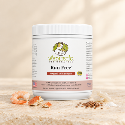 Wholistic Pet Organics Run Free joint supplement with glucosamine from shrimp and crab, flaxseed, shark cartilage, and MSM.