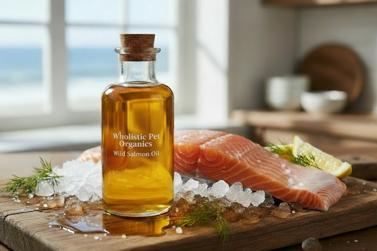 Wild-caught salmon representing Wholistic Pet Organics’ body-pressed, filler-free omega oils for pet skin and coat health.