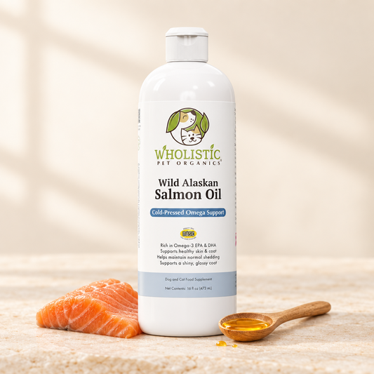 Wholistic Pet Organics Wild Salmon Oil with fresh salmon and golden salmon oil in a wooden spoon.